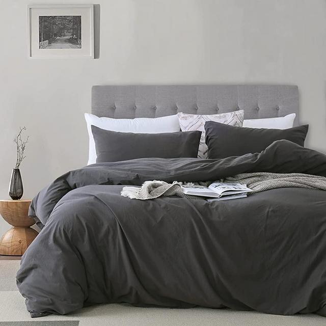 Ventidora Duvet Cover Set 100% Washed Cotton Grey 3 Piece Bedding Set Full Queen Size ,1200 Thread Count Luxury Soft and Comfortable,with Corner Ties(1 Duvet Cover+2 Pillowcases) 90x90Inches