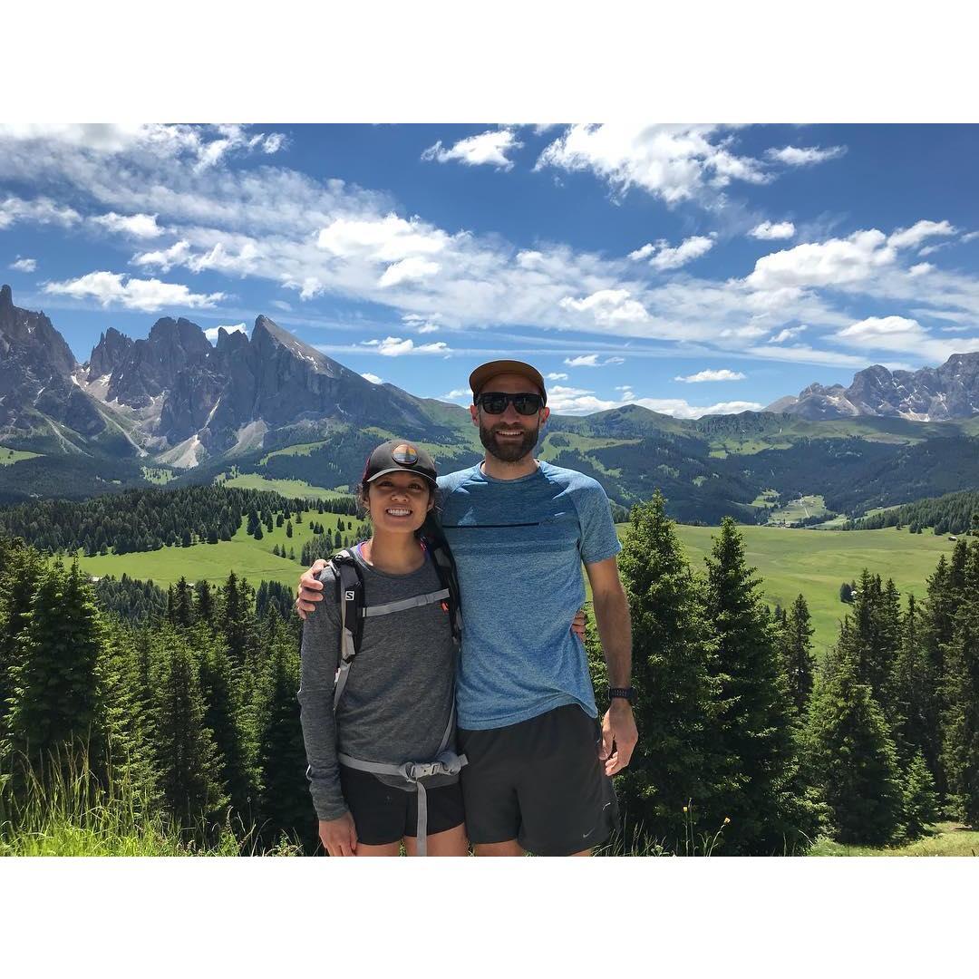 In the Dolomite Mountains in North Eastern Italy, this is just before we embarked on a 18 mile run - to that peak you see!!