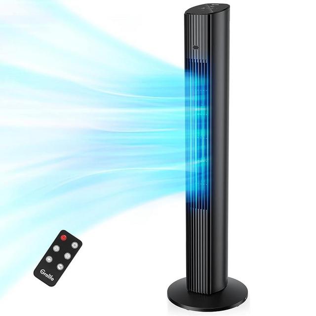Grelife 36'' Tower Fan with Remote, 75° Oscillating Fan, Bladeless Fan with 3 Modes, 3 Speeds, LED Display with Auto Off, Quiet Cooling Fan with 12H Timer for Bedroom Living Room Office, Black