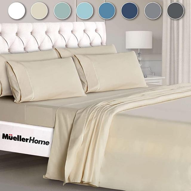 Mueller Ultratemp Bed Sheets Set, Super Soft 1800 Thread Count Egyptian 18-24 Inch Deep Pocket Sheets, Transfers Heat, Breathes Better, Hypoallergenic, Wrinkle, 6Pc,Cream Queen