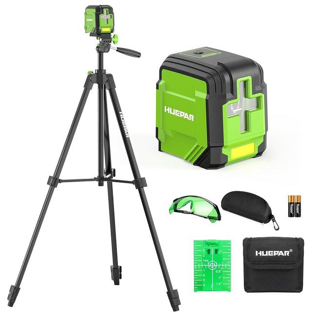 Laser Level with 60in Tripod, HUEPAR 98Ft Self Leveling Laser Level Green Line Laser Cross Line Laser Leveler Tool for Picture Hanging, Tile, Home Renovation, Indoor Project, Battery&Goggles Included