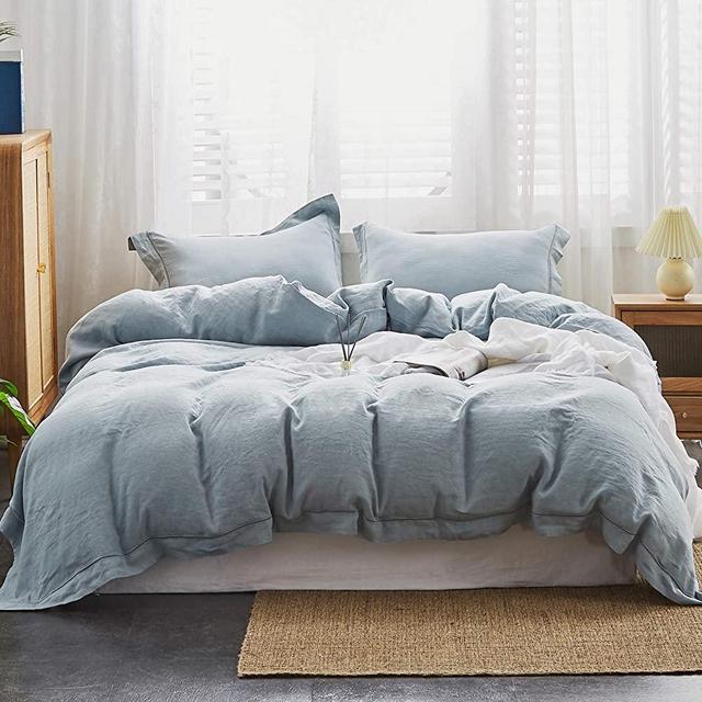 Simple&Opulence 100% Washed Linen Duvet Cover Set with Embroidered,King Size(104"x92"),3 Pieces Soft Farmhouse Comforter Set with Button Closure,1 Duvet Cover and 2 Pillowshams(Dusty Blue)