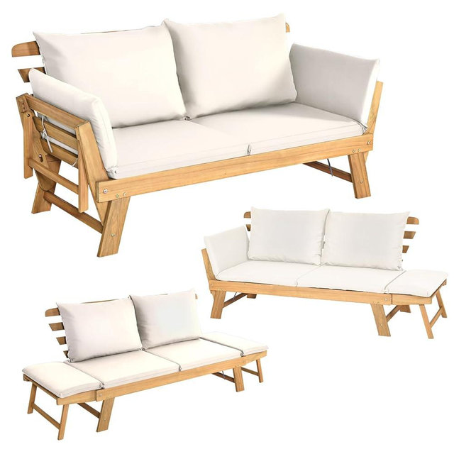 S AFSTAR Patio Convertible Couch Sofa Bed, Acacia Wood Chaise Lounger with Adjustable Armrest, Cushion & Pillows, Outdoor Daybed Loveseat Furniture for Backyard, Garden, Poolside, Porch