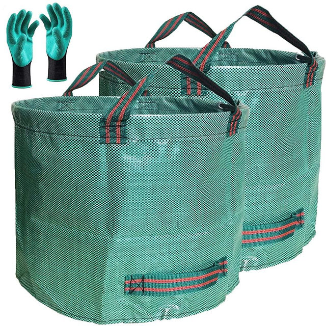 Professional 2-Pack 137 Gallon Lawn Garden Bags (D34, H34 inches) Yard Waste Bags with Coated Gloves - Large Reusable Yard Leaf Bags 4 Handles,Gardening Clippings Bags,Leaf Container,Trash Bags
