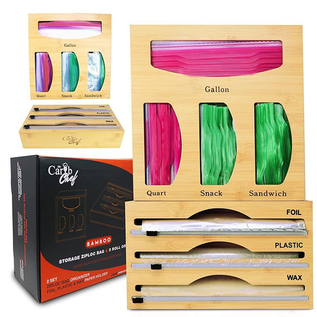 Ziplock Bag Storage Organizer for kitchen Drawer | Plastic Wrap Organizer Dispenser with Cutter| Bamboo Ziploc Baggie Holder | Compatible with Ziploc Baggie Organizer | Bamboo Plastic Bag Dispenser for Gallon, Quart,Sandwich bags & Plastic Foil Wax Wrap holder