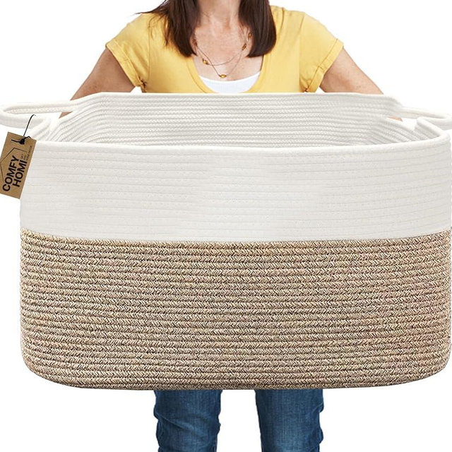COMFY HOMI Large Laundry Basket for Organizing|Rectangle Cotton Rope Storage Basket with Handles|Blanket Basket for Living Room|Woven Laundry Basket for Towels, Toys, Clothes-22x15x12”-White/Brown