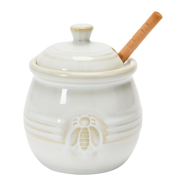 Storied Home Farmhouse Embossed Stoneware Honey Pot with Wood Honey Dipper, White
