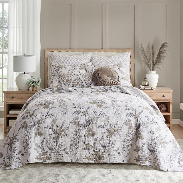 Levtex Home - Pisa Bedspread Set - King Bedspread and Two King Shams - Floral Contemporary Peacock - Grey and Taupe - Bedspread (120x106in.) and Shams (20x36in.) - Cotton