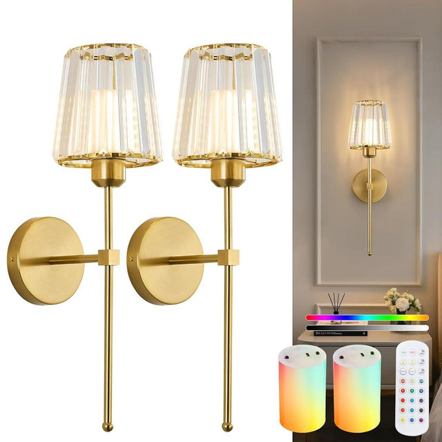 Crystal Battery Powered Wall Sconce Set Of 2, Wireless Sconces With 10000 Mah Rechargeable Bulbs, 12rgb And Dimmable Battery Operated Sconces With Remote, Cordless Wall Lamp For Bedroom, Living Room