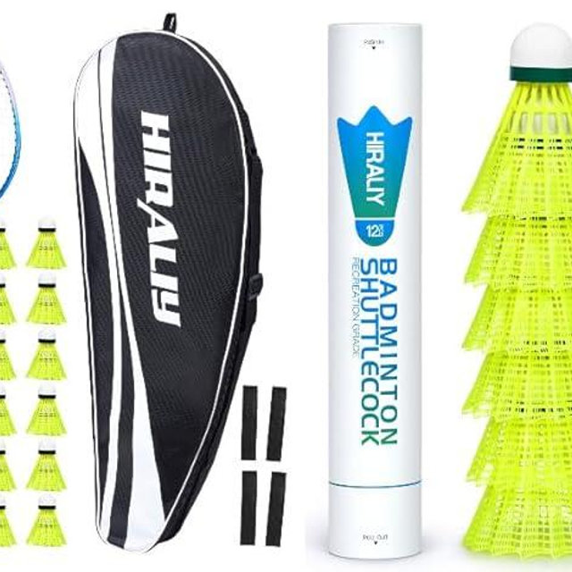 HIRALIY 12 Pack Badminton Shuttlecocks Birdies, Badminton Rackets Set of 4 Including 4 Rackets, 12 Shuttlecocks, 4 Replacement Grip Tapes and 1 Carrying Bag