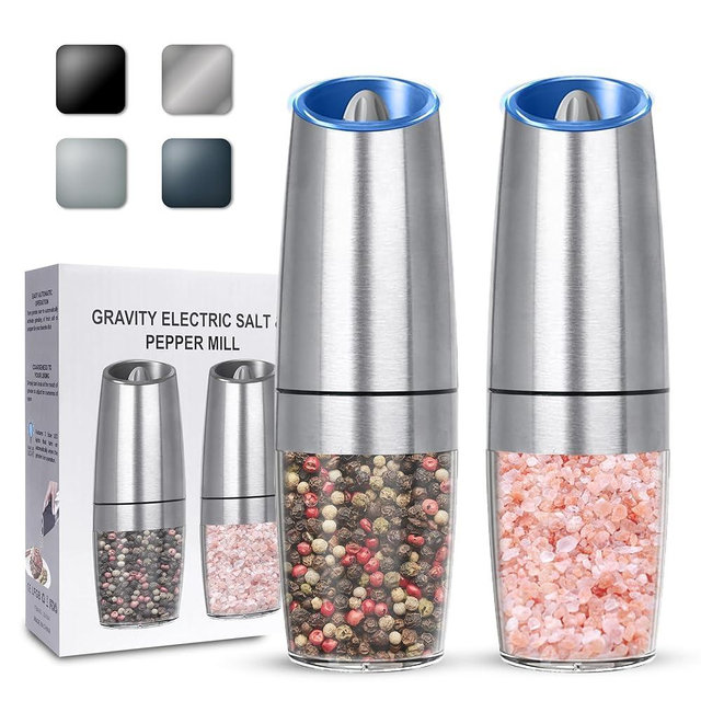 UNNEES Gravity Electric Salt and Pepper Grinder set of 2, Automatic Salt And Pepper Grinder Set, Adjustable Roughness, Battery Powered, LED Light, 2 Pack, (Silver)