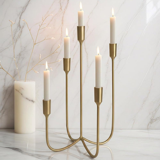 Yielycan Candelabra for 5 Taper Candles – Hand-Forged Candle Holder with Elegant Vintage Finish – Decorative Centerpiece for Dining Room, Living Room or Mantel Decor（Brass Color-Straight）