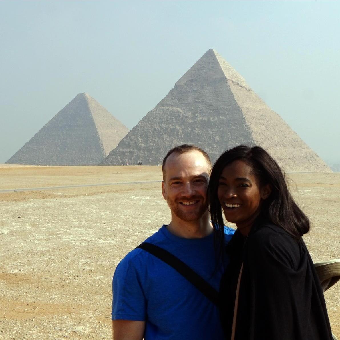 Not sure what we're laughing at here, although it's likely that Lisa is laughing at other tourists striking the "fingertip on the pyramid" poses that everyone does.