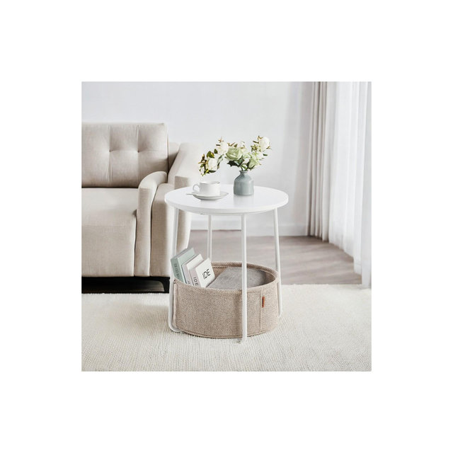 Small Side Table with Storage Round End Tables Living Room Side Tables for Small Spaces Bedroom Matte White and Camel Brown