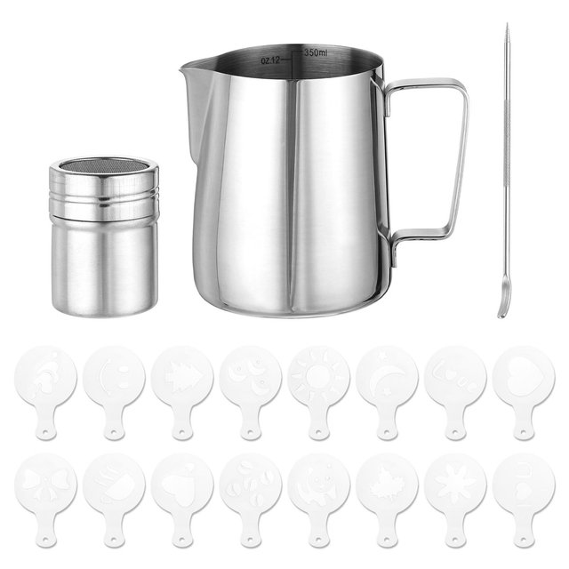 Unique Bargains Stainless Steel Powder Shaker Milk Frothing Pitcher Latte Art Pen Set 12oz/350ml