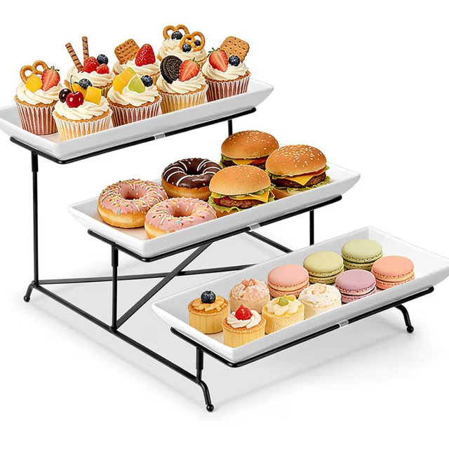 Yedio 3 Tier Serving Tray Set 14 Inch Porcelain Tiered Serving Trays Platters, Collapsible Sturdier Stand with Stable Cross Bars, Three Layer Serving for Party Entertaining Food Display Fruit Dessert