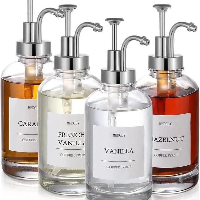 Coffee Bar Accessories,MHDCLY Coffee Syrup Dispenser - 4pack,16.9oz Syrup Dispenser with Labels ，Syrup Pump Dispenser for Coffee Bar(Silver pump)