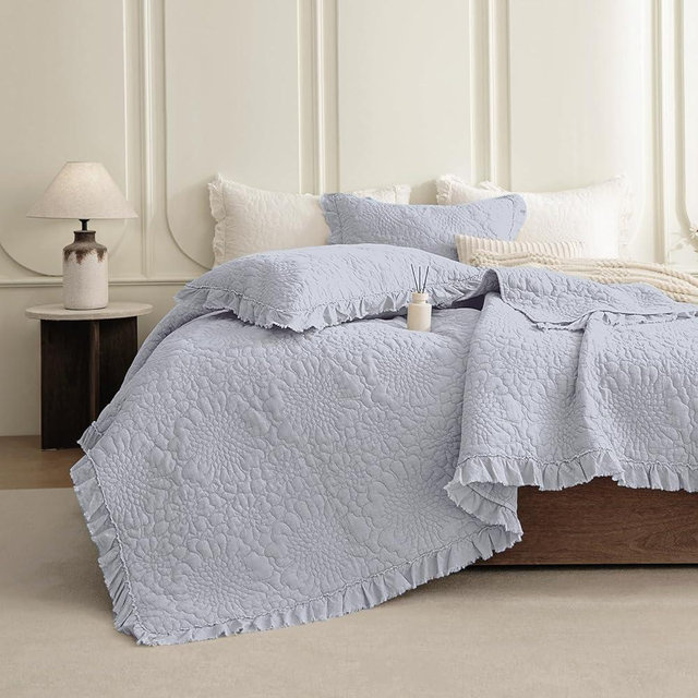 QSH 3PCs Cornflower Blue Oversized King Quilt Bedspread Set(120"x120"),Stonewashed Cotton Ruffle Quilt California King,Soft Lightweight Crinkled Shabby Bedspread Coverlet Bedding Set for All Seasons