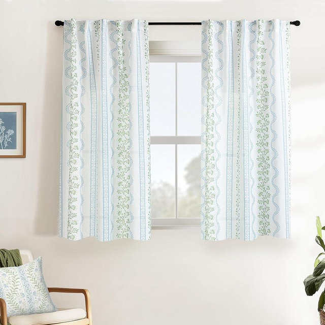 Lino Rosa Short Floral Curtains for Kitchen & Bathroom Window, 45 Inch Length Blue Green Vintage French Country Cottage Core Sheer Drapes, Coastal Farmhouse Linen Pattern Window Panels for Bedroom