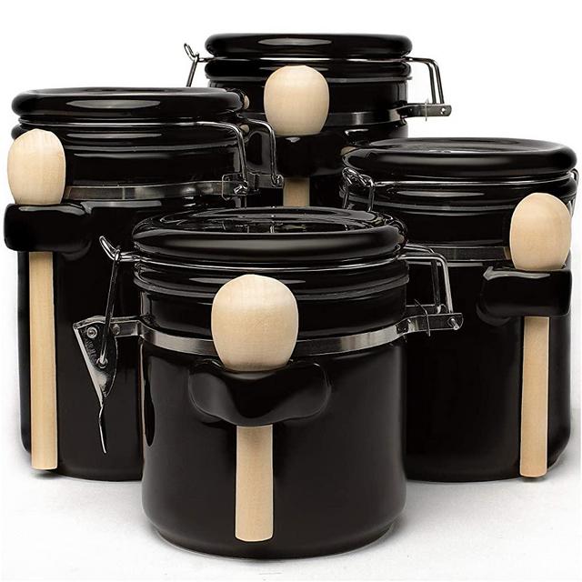 Home Intuition Ceramic Kitchen Canisters Set of 4 with Wooden Spoon Set – Airtight Containers, Metal Latches for Utmost Freshness – Sugar, Coffee, Flour, Tea & More | Black