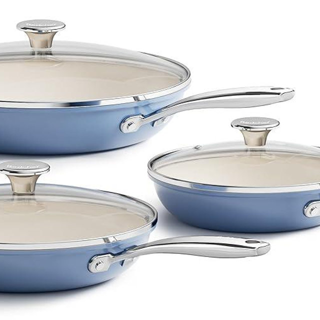 Redchef Nonstick Cookware Sets, Ceramic Frying Pan Set with Tempered Glass Lids, Non Stick Cooking Set, Dishwasher & Oven Safe, Induction Safe, Compatible with All Cooktops, Blue (8", 9.5", 11")