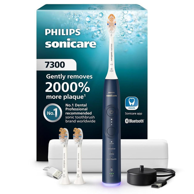 Philips Sonicare 7300 Series Electric Toothbrush - Next-Generation Sonicare Technology, Pressure Sensor, 12 Brushing Settings, SmarTimer, 21-Day Runtime, Travel Case, Navy Blue, HX7423/05