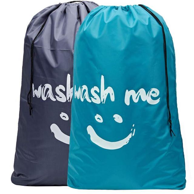 HOMEST 2 Pack XL Wash Me Travel Laundry Bag, Machine Washable Dirty Clothes Organizer, Large Enough to Hold 4 Loads of Laundry, Easy Fit a Laundry Hamper or Basket, Light Blue and Grey