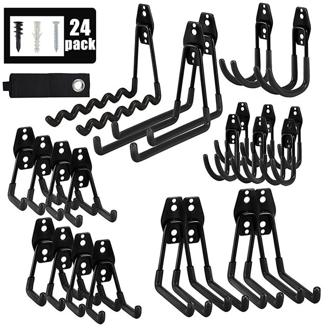 AOBEN Garage Hooks,24Pack Heavy Duty Garage Hanger Organizer Anti-Slip Double Wall Garage Storage Hooks for Ladder, Power Tool,Bike,Ropes (23 hooks & 1 hoder strap)-Black
