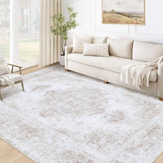XLUEZ Area Rug 5x7 Living Room Rug, Machine Washable Vintage Distressed Medallion Rug Non-Slip Soft Low Pile Large Indoor Rugs for Bedroom Kitchen Dining Room Office(Beige,5'x7')