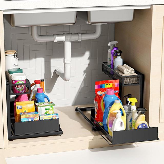 2 Pack Under Sink Organizer and Storage, 2 Tier Pull Out Cabinet Organizer, Slide Out Under Sink Storage Shelf, Undersink Organizers Shelves for Kitchen Bathroom Pantry Organization (Black, 2 Pack)