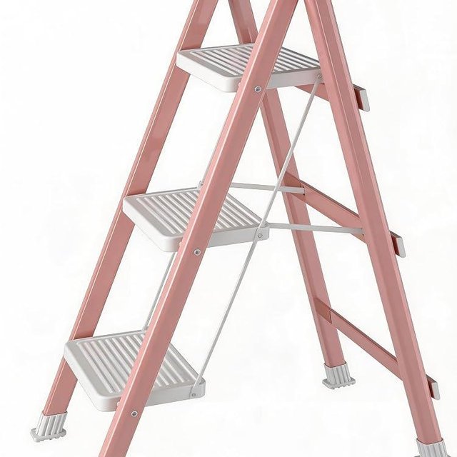 DIAMONDFORGE 3 Step Folding Ladder, Heavy Duty Steel Step Stool with Anti-Slip Wide Pedal & Anti-Slip Feet, 600 lbs Capacity, Safety Ladder for Home and Office, Pink White