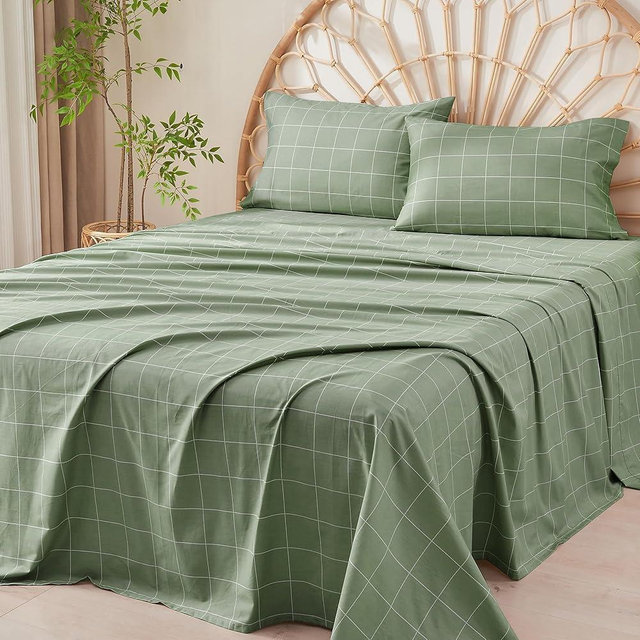 JELLYMONI 100% Cotton Bed Sheets Set – Green Plaid, Queen Size, Soft Bedding with Deep Pocket Fitted Sheet, Flat Sheet & Pillowcases