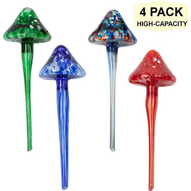 SUCOLE 4 Pack Large Watering Bulbs Colorful Glass Self Watering Globes Decorative Mushroom Design Self Watering Spikes Automatic Plant Waterer for Indoor and Outdoor Plants