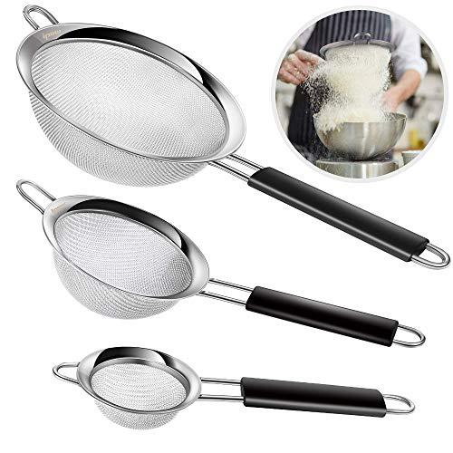 IPOW Fine Mesh Strainer, 3 Pack Professional Super Fine Mesh Strainer with Strengthened Handle for Sifting Flour, Noodle, Icing Sugar, Quinoa, Coffee, Juice, Tea etc