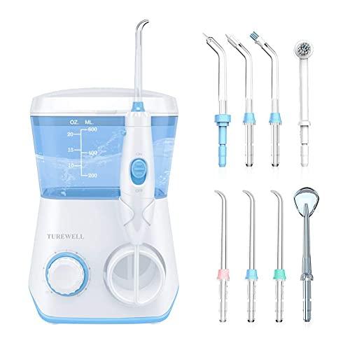 TUREWELL Water Flosser, Oral Irrigator 600ML, Dental Water Pick Teeth Cleaner 10 Adjustable Pressure, Electric Water Flossers for Teeth/Braces, 8 Water Jet Tips for Family