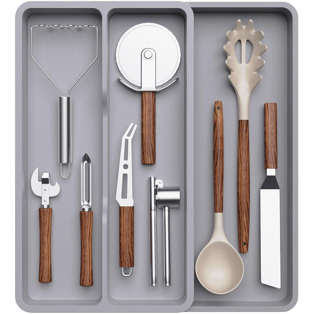 Lifewit Utensil Drawer Organizer, Expandable Cooking Silverware Tray for Kitchen Drawer, Adjustable Cutlery Flatware Holder, Plastic Spatula Tools and Gadgets Storage Divider, 3 Compartments, Gray