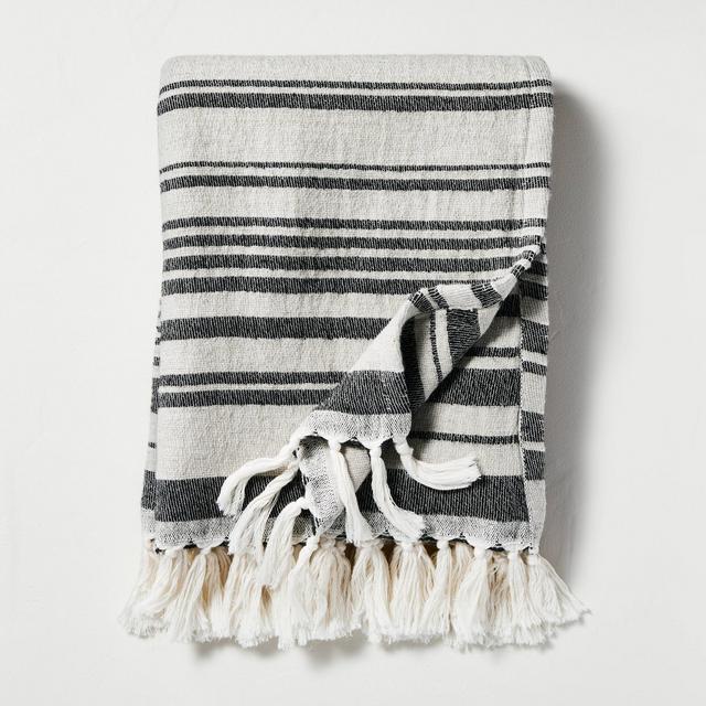 Broken Stripes Knotted Fringe Throw Blanket Black/Cream - Hearth & Hand™ with Magnolia