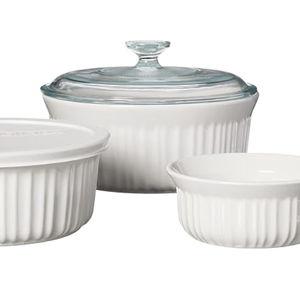 CorningWare French White 7-Pc Ceramic Bakeware Set with Lids Chip and Crack Resistant Stoneware Baking Dish, Microwave, Dishwasher, Oven, Freezer and Fridge Safe