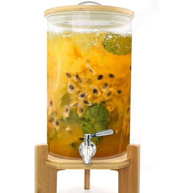 Glass Drink Dispenser with Stand,2.1 Gallons Wood Stand Cold Beverage Dispensers-Large Drink Dispensers For Parties,Bars,Restaurants