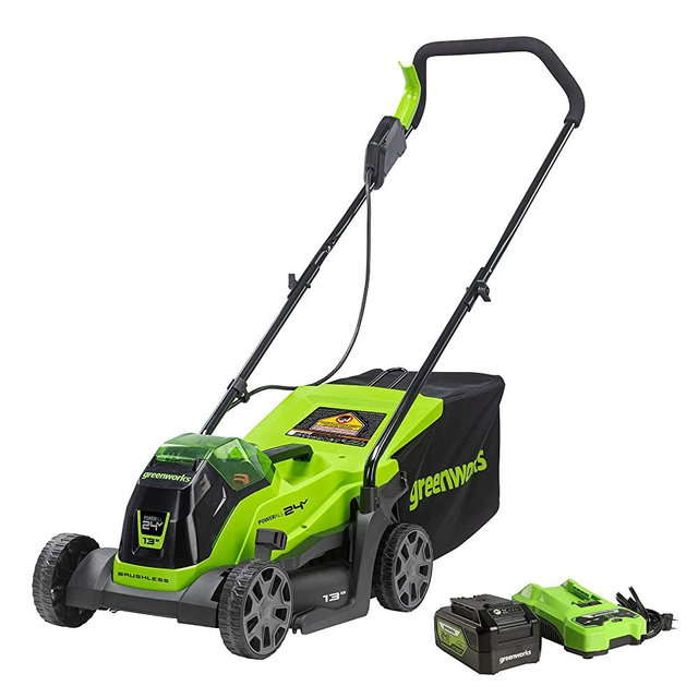 Greenworks 24V 13-Inch Brushless Push Lawn Mower, Cordless Electric Lawn Mower with 4.0Ah USB (Power Bank) Battery and Charger Included
