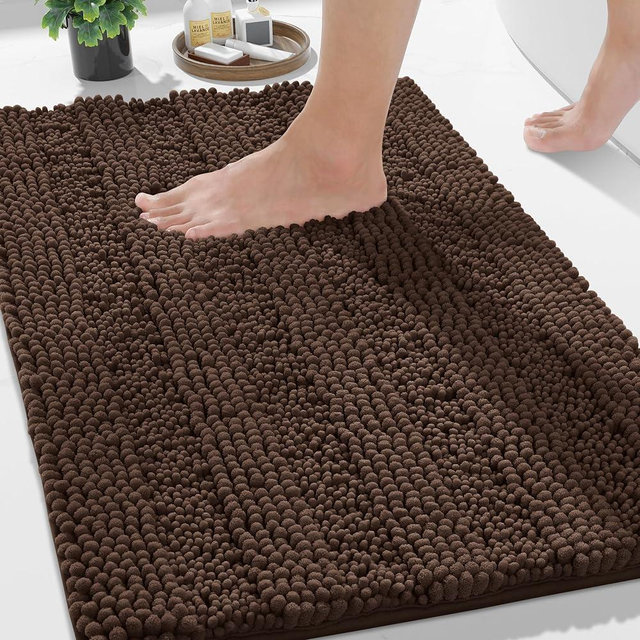 Yimobra Bathroom Rug Mat 24 x 17, Non Slip and Super Absorbent Bath Mat,Machine Washable Quick Dry,Ultra Plush Chenille Shower Rugs for Bathroom Floor Sink Tub and Shower Outside,Brown