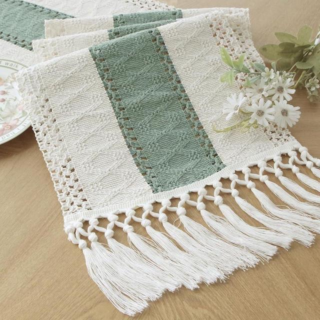 FEXIA Sage Green Table Runner 36 Inches Long with Tassels Boho Macrame Farmhouse Table Runners for Home Decor Party Bohemian Rustic Bridal Shower Dining Decorations(12x36 Inches)