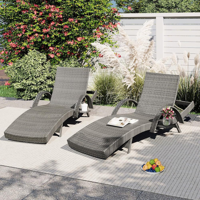 SutnMou Set of 2 Reclining Chaise Lounge with Pull-Out Side Table, 80'' Outdoor Wicker Lounge Chairs Adjustable Backrest Patio Rattan Recliner for Garden Pool Beach Deck Sunbathing (Grey)