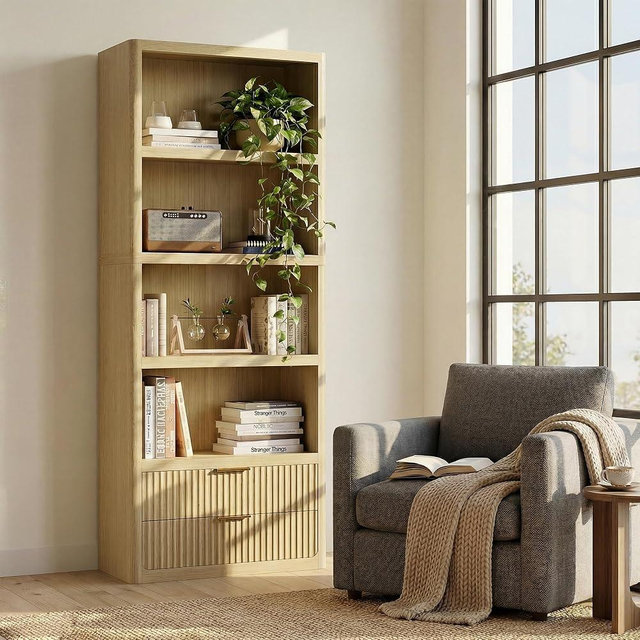 YESHOMY 79" Tall Wooden Bookshelf with Drawers, Modern Fluted Bookcase with 4 Open Shelves & 2 Storage Drawers, Storage Display Shelf for Living Room, Bedroom, Office, Natural Wood, Set of 1