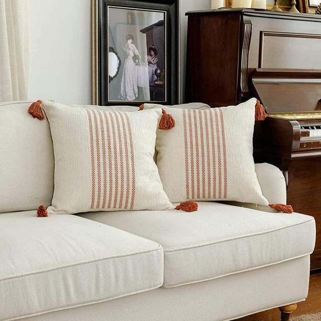 Pack of 2 Boho Rust Red and Off White Embroidery Striped Throw Pillow Cover, Soft Chenille Pillowcase with Tassels, Modern Farmhouse Decor Cushion Cover for Couch Sofa Bed, 18 x18 Inches