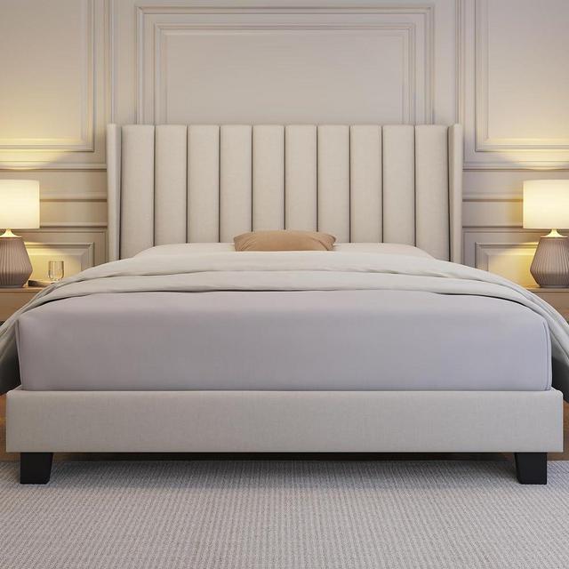 Yaheetech Queen Bed Frame Upholstered Platform Bed with Fabric Headboard, Wing Edge Design/Non-Slip and Noise-Free/Wooden Slats Support/No Box Spring Needed/Easy Assembly, Beige Queen Bed