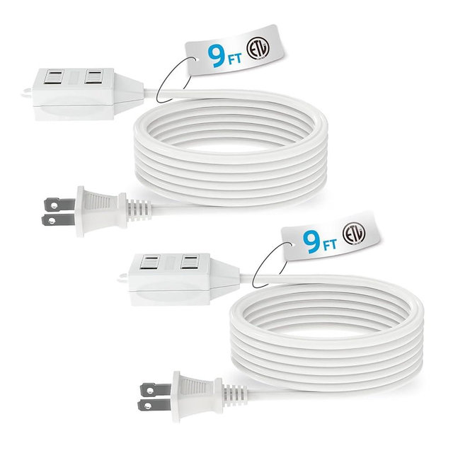 Indoor Extension Cord, 2 Prong 9 Feet Extension Cord, 3 Polarized Outlets with Safety Slide Windows,13A/1625W, 16 AWG, 2 Pack (9FT - 2PACK)