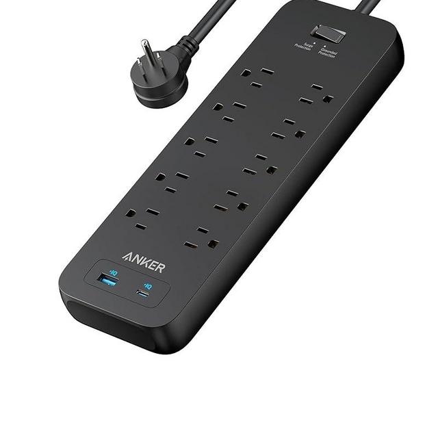Power Strip Surge Protector(2100J),Anker 6Ft/1.8m Extension Cord with 10 Outlets and 2 USB Ports,for iPhone 15/15 Plus/15 Pro/15 Pro Max,Flag Plug,Wall Mount Holes for Home,Office,ETL Listed, Black