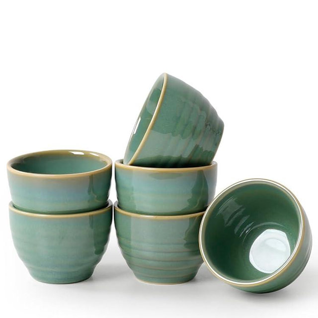 KERMANDO 1.6oz Espresso Cups Set of 6, Green Ceramic Demitasse Coffee Cups for Espresso, Small Shot Cups – Stackable Mini Mugs for Home, Cafe, Restaurant – Dishwasher & Microwave Safe