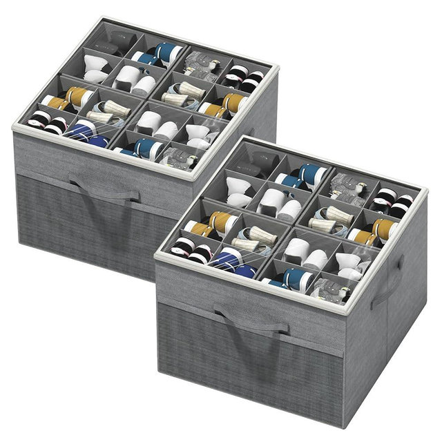 Aokeyee Shoe Organizer for Closet,2 Pack Foldable Shoe Storage Organizer Box Bin with Adjustable Dividers and Clear Cover, Fits up to 16-32 Pairs, (Grey)
